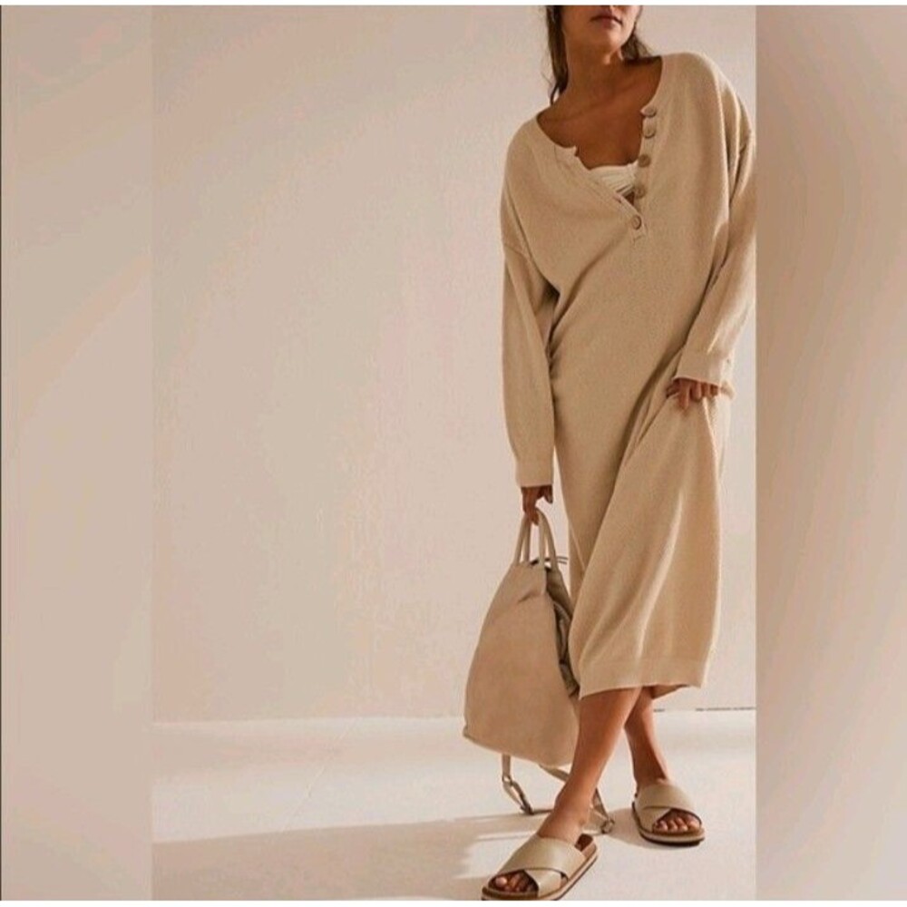 FP Beach Hailee Sweater Midi Dress Sz XL Beige Thermal Waffle Coast Cozy Relaxed